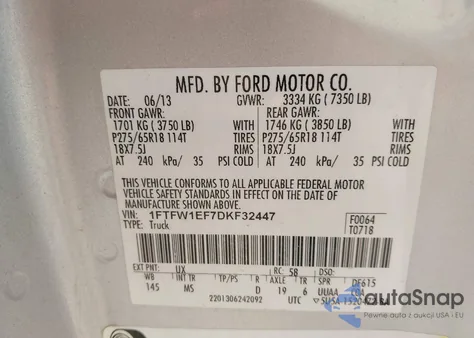 2013 Ford F-150 Xlt z USA, uszkodzony, nr VIN 1FTFW1EF7DKF32447